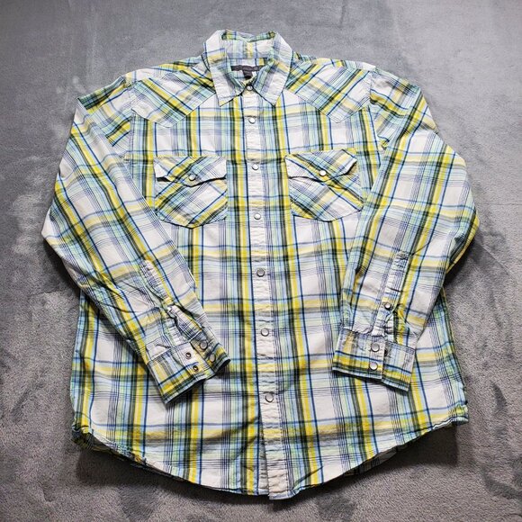 Old Navy Other - Old Navy Button Down Long Sleeve Plaid Snap Shirt Navy Blue Yellow White Men SzM